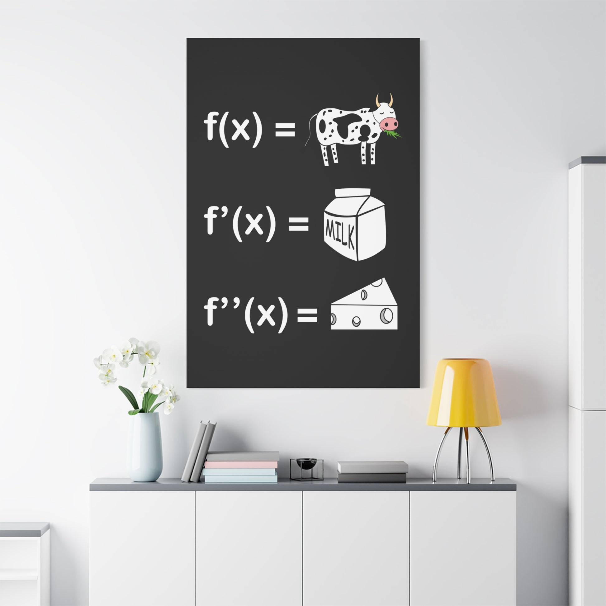 TEEZOCA funny math teacher canvas print featured in a bright minimalist room.