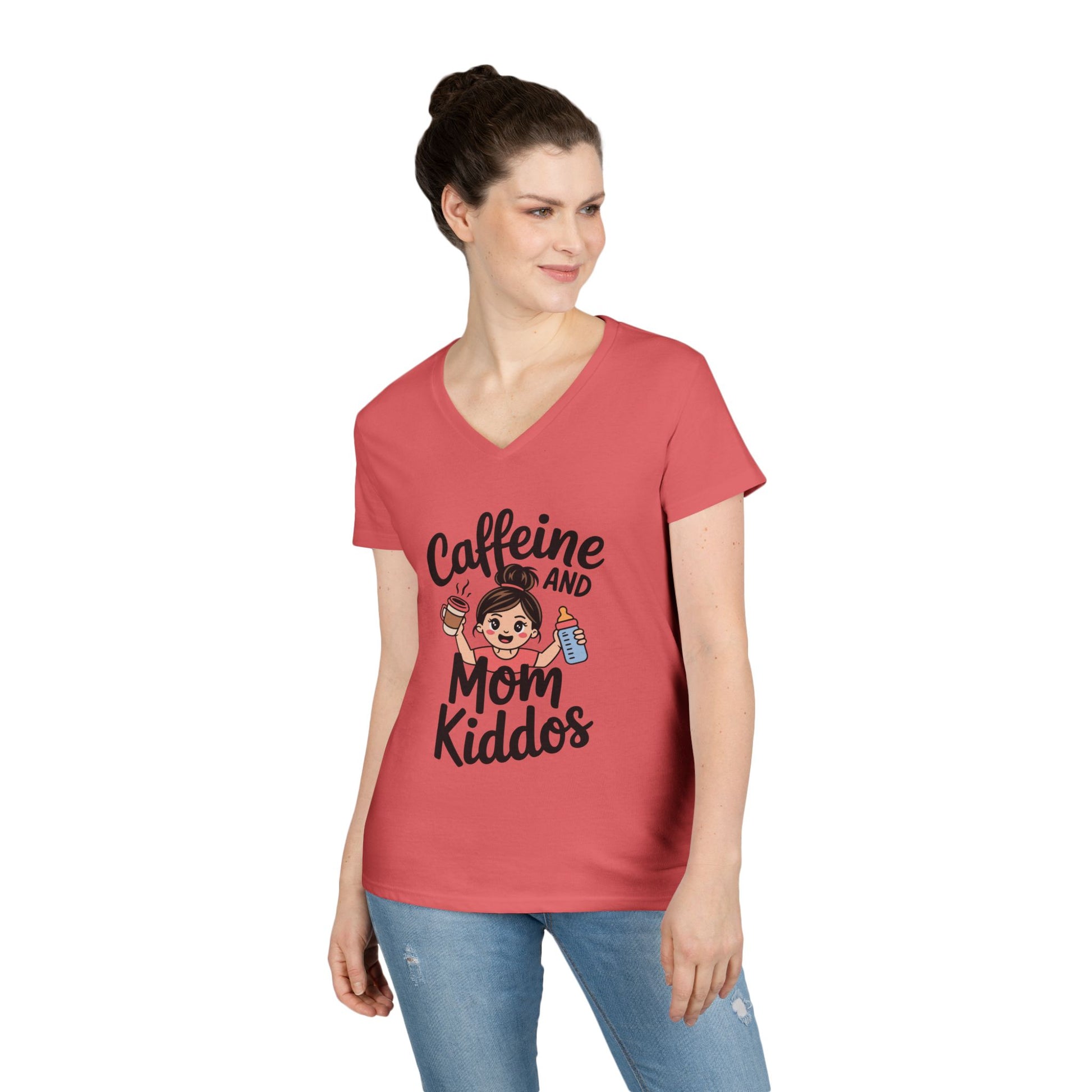 Caffeine and Mom Kiddos Life V-Neck T-Shirt for Busy Moms | TEEZOCA 
