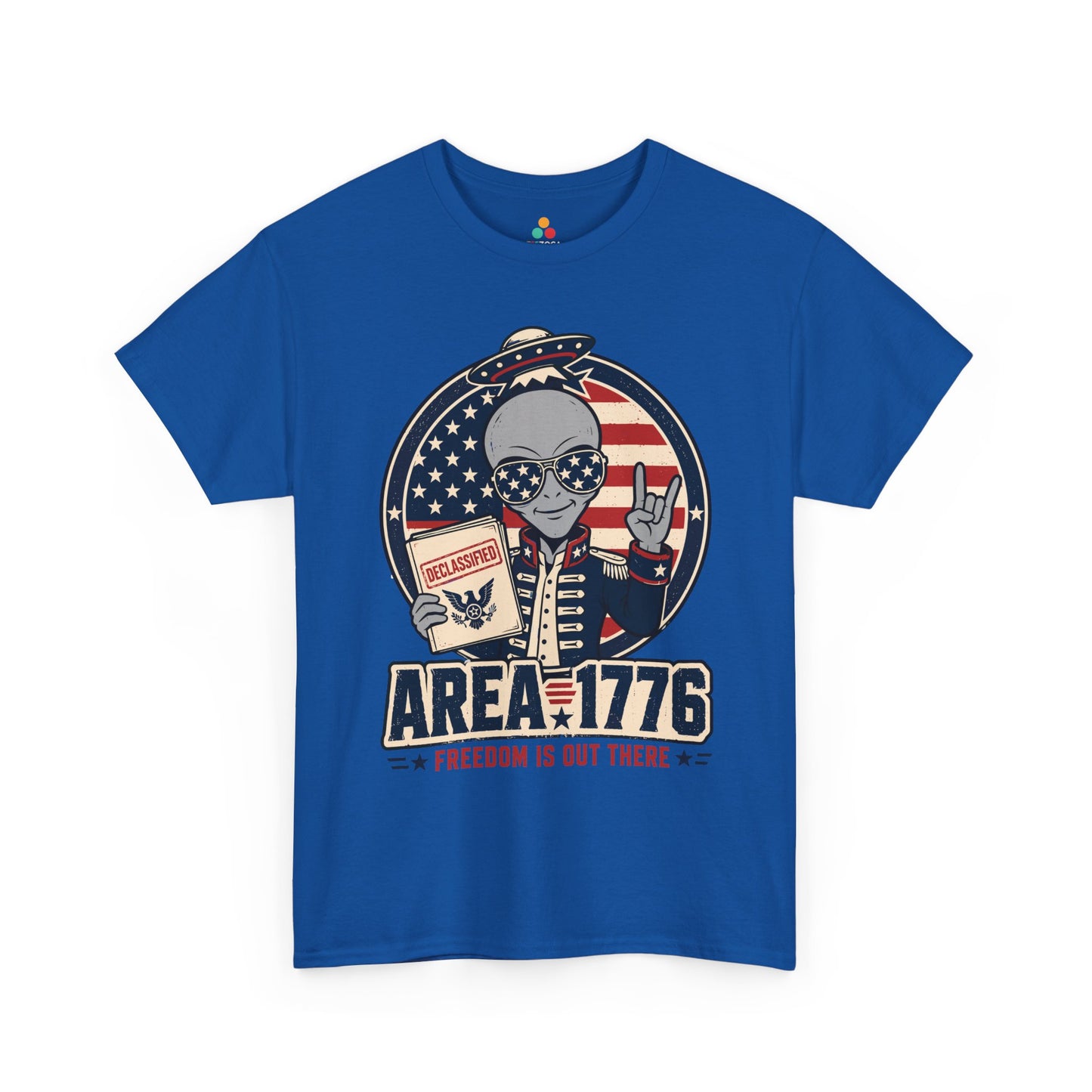 TEEZOCA funny patriotic alien T-shirt with Area 1776 lettering, American flag colors, and sci-fi conspiracy humor.
