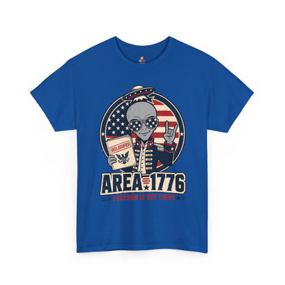 TEEZOCA funny patriotic alien T-shirt with Area 1776 lettering, American flag colors, and sci-fi conspiracy humor.
