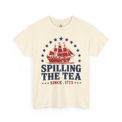 TEEZOCA funny patriotic t-shirt for men and women, featuring a colonial ship and the Spilling the Tea Since 1773 joke.

