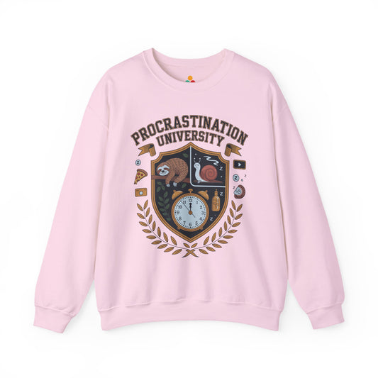 TEEZOCA funny procrastinator sweatshirt with academic-style graphic illustration Pink sweatshirt with 'Procrastination University' design on a white background