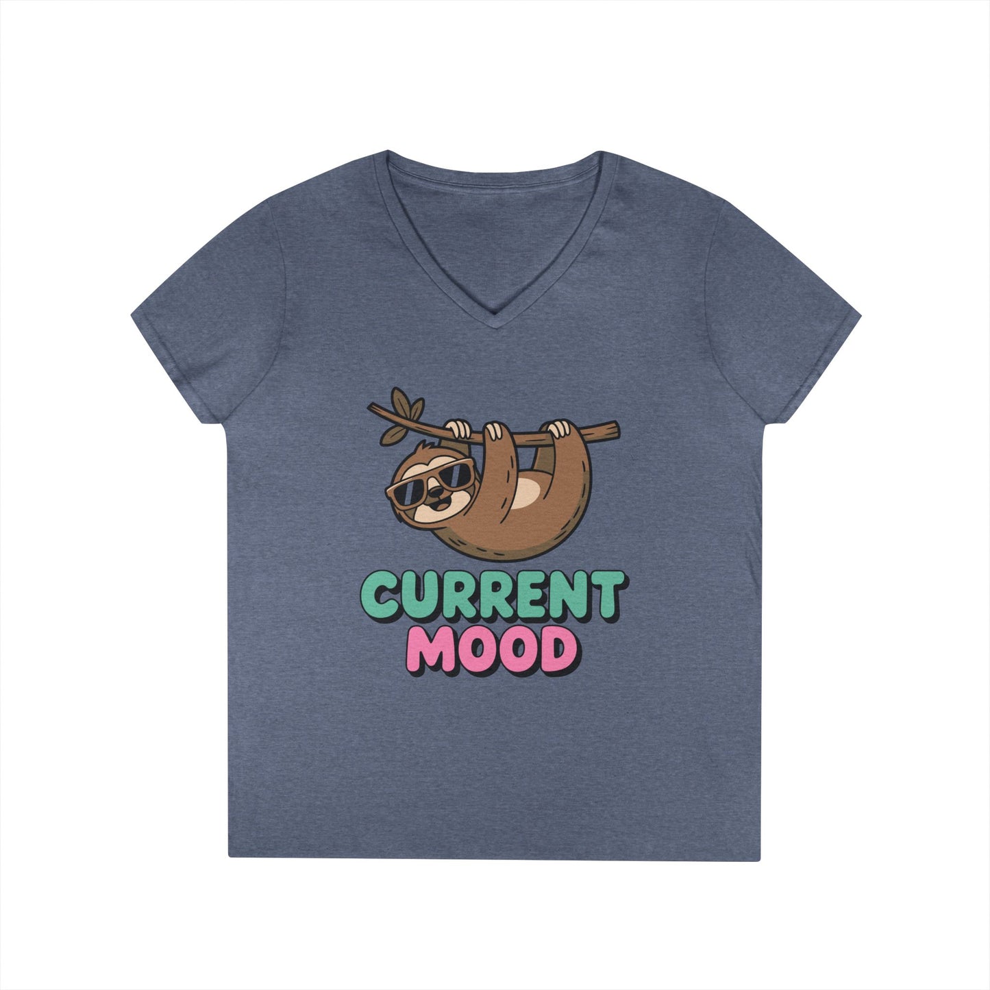 Cute Sloth Graphic V-Neck T-Shirt for Women with Chill Current Mood Vibes | TEEZOCA 