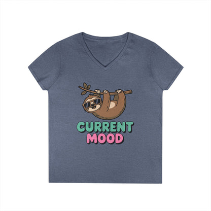 Cute Sloth Graphic V-Neck T-Shirt for Women with Chill Current Mood Vibes | TEEZOCA 