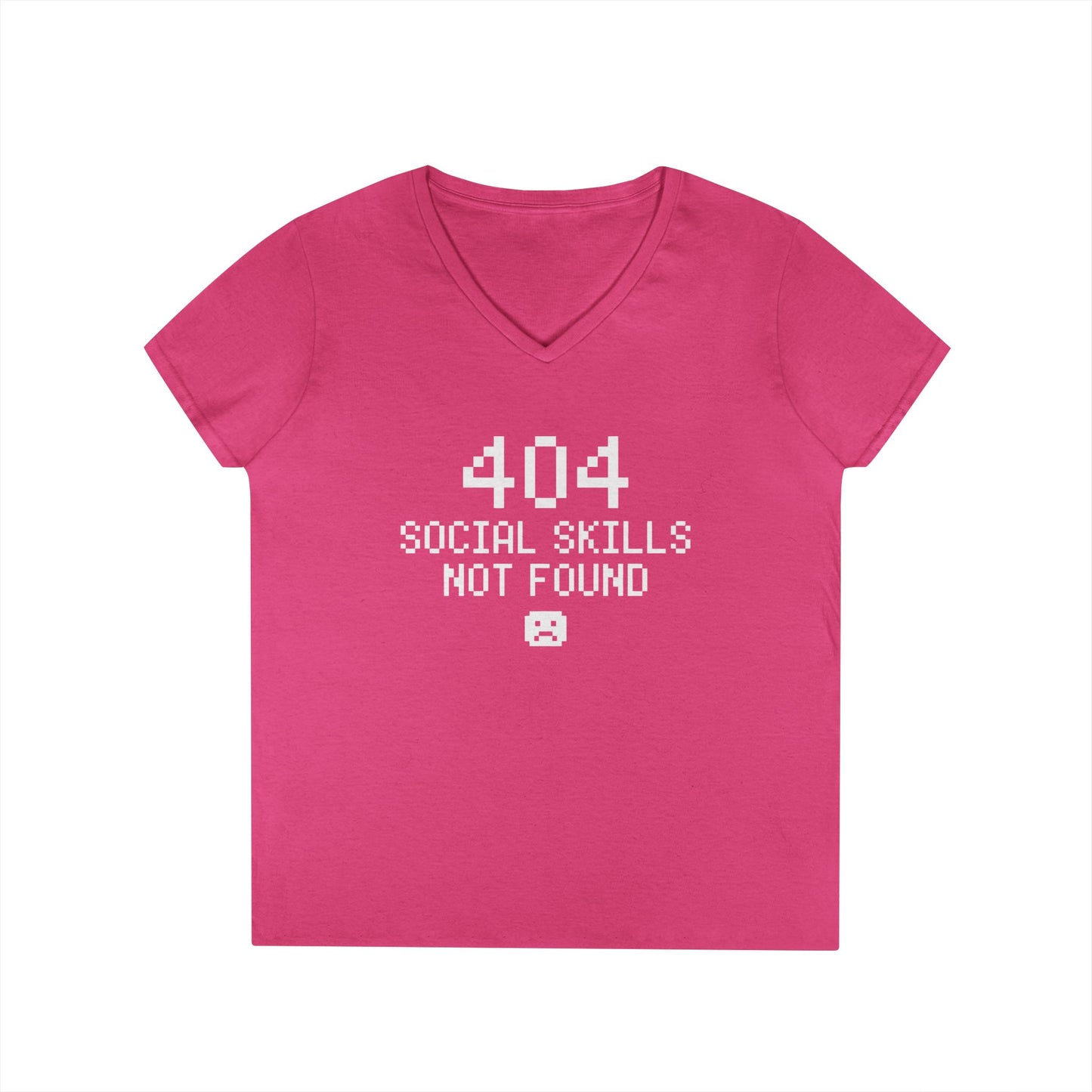 404 Social Skills Not Found Funny Pixel Quote V-Neck T-Shirt for Women | TEEZOCA 