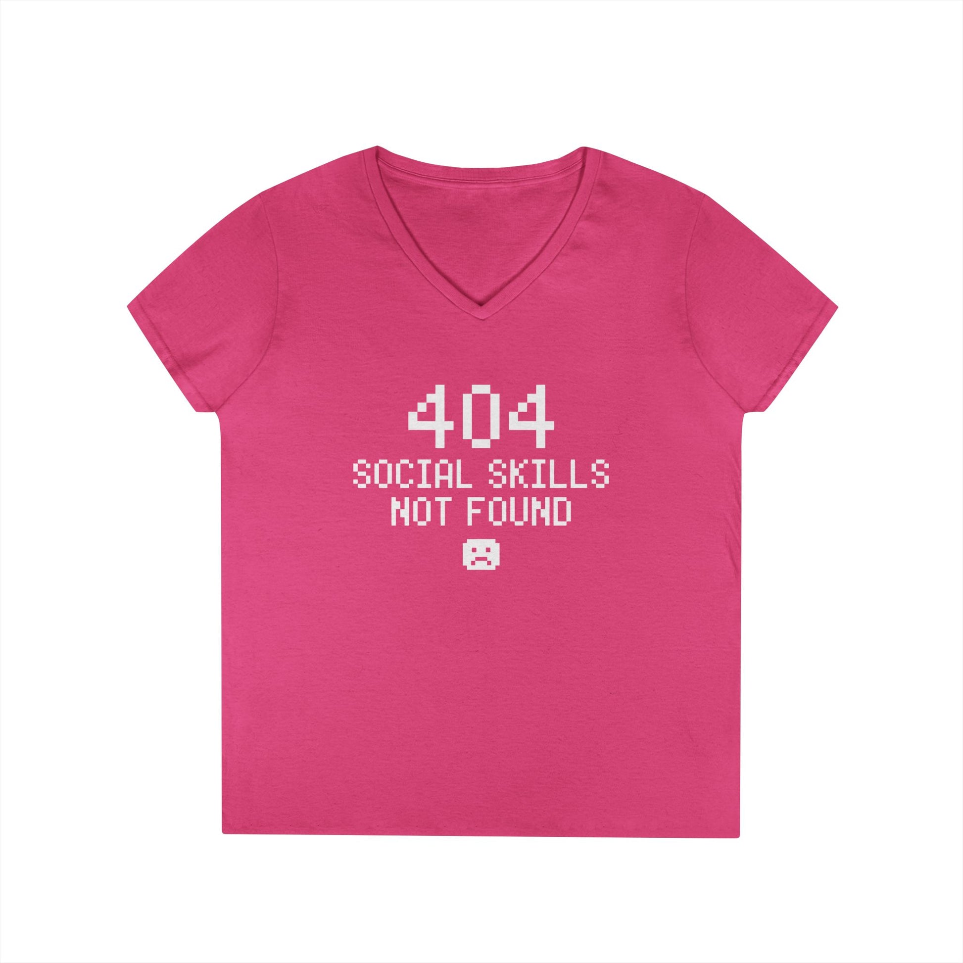 404 Social Skills Not Found Funny Pixel Quote V-Neck T-Shirt for Women | TEEZOCA 