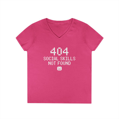404 Social Skills Not Found Funny Pixel Quote V-Neck T-Shirt for Women | TEEZOCA 
