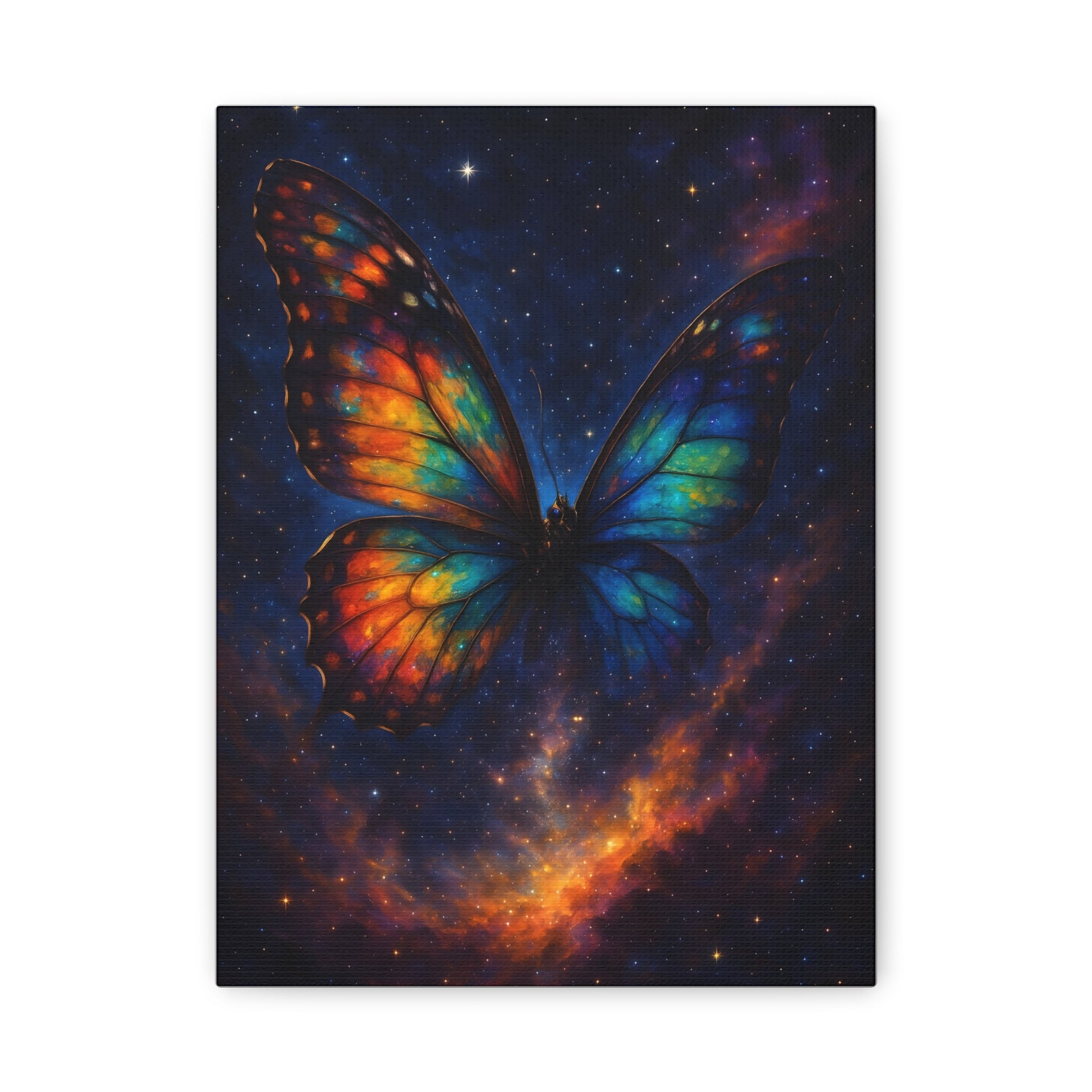TEEZOCA galaxy butterfly canvas wall art with vibrant rainbow wings shown close up.
