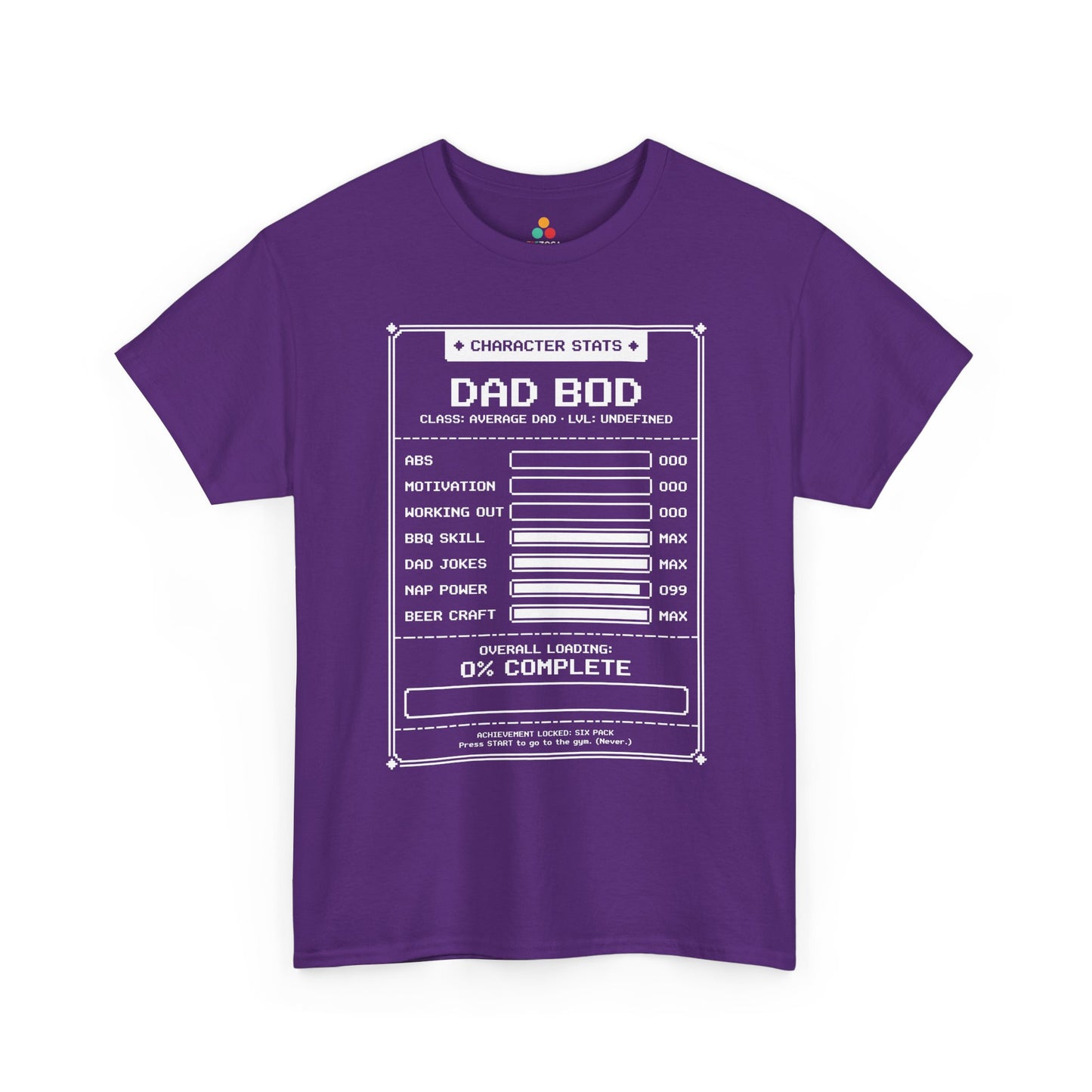 TEEZOCA gamer dad shirt t-shirt showing dad bod character stats and video game dad humor.
