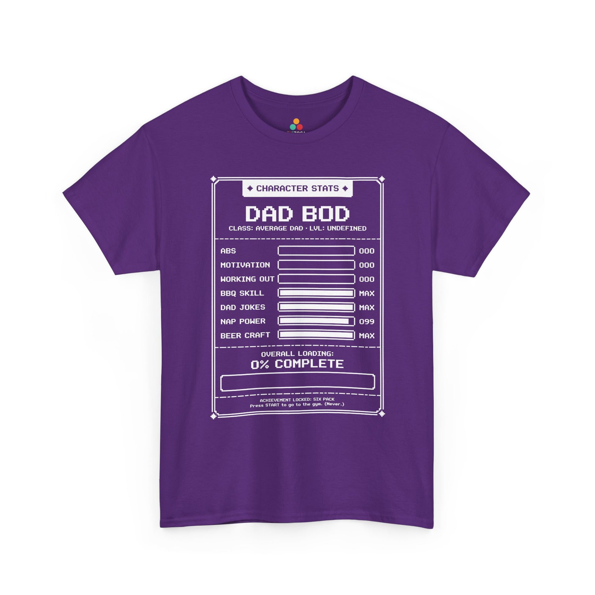 TEEZOCA gamer dad shirt t-shirt showing dad bod character stats and video game dad humor.
