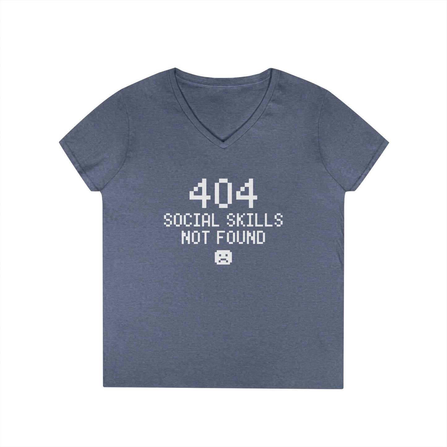 404 Social Skills Not Found Funny Pixel Quote V-Neck T-Shirt for Women | TEEZOCA 