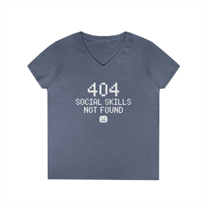 404 Social Skills Not Found Funny Pixel Quote V-Neck T-Shirt for Women | TEEZOCA 