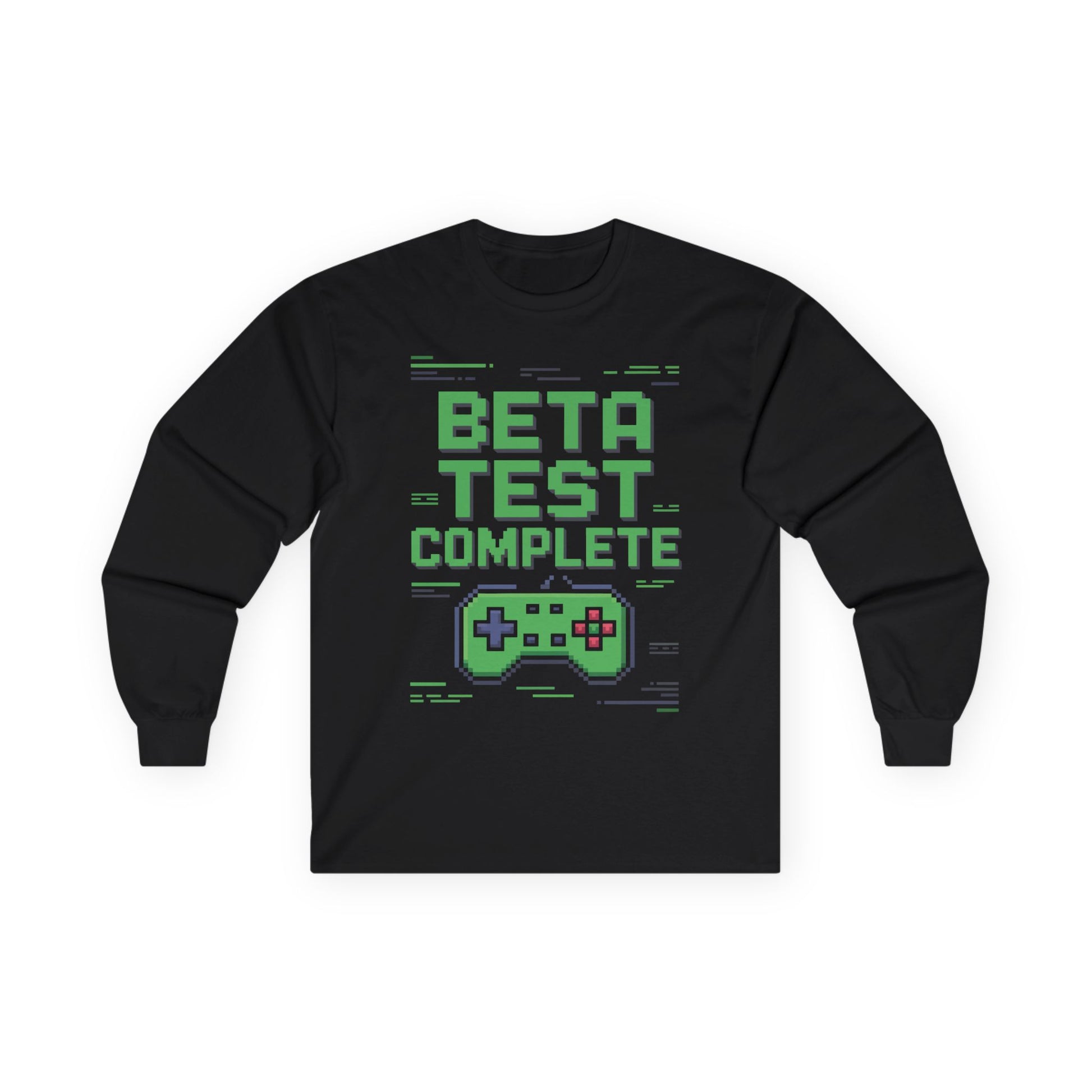 TEEZOCA gamer slogan unisex long-sleeve tee Black long-sleeve shirt with 'Beta Test Complete' text and game controller graphic on a white background
