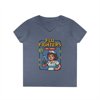 Flu Fighters V-Neck T-Shirt Retro Gamer Nurse Humor Statement Tee | TEEZOCA 