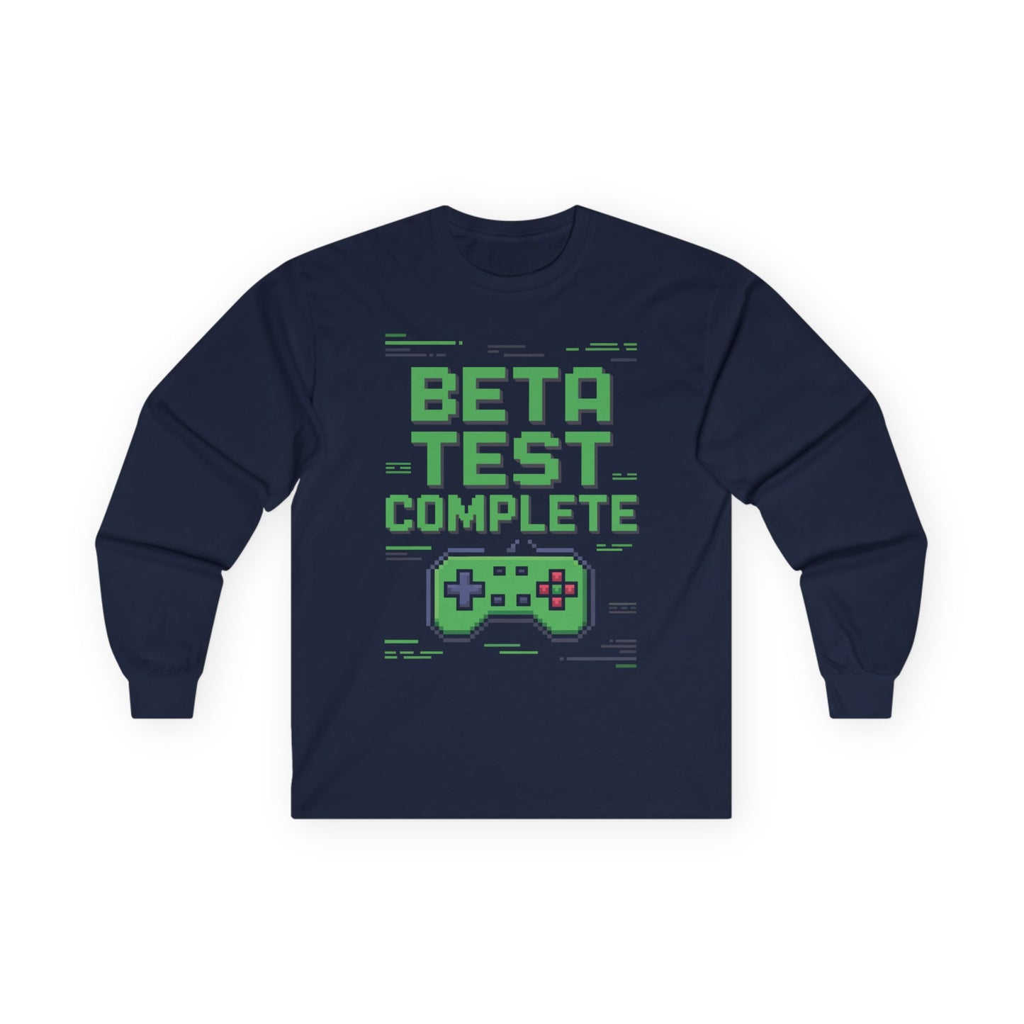TEEZOCA gaming culture pixel design unisex long-sleeve shirt Navy blue long-sleeve shirt with 'Beta Test Complete' text and game controller graphic on a white background