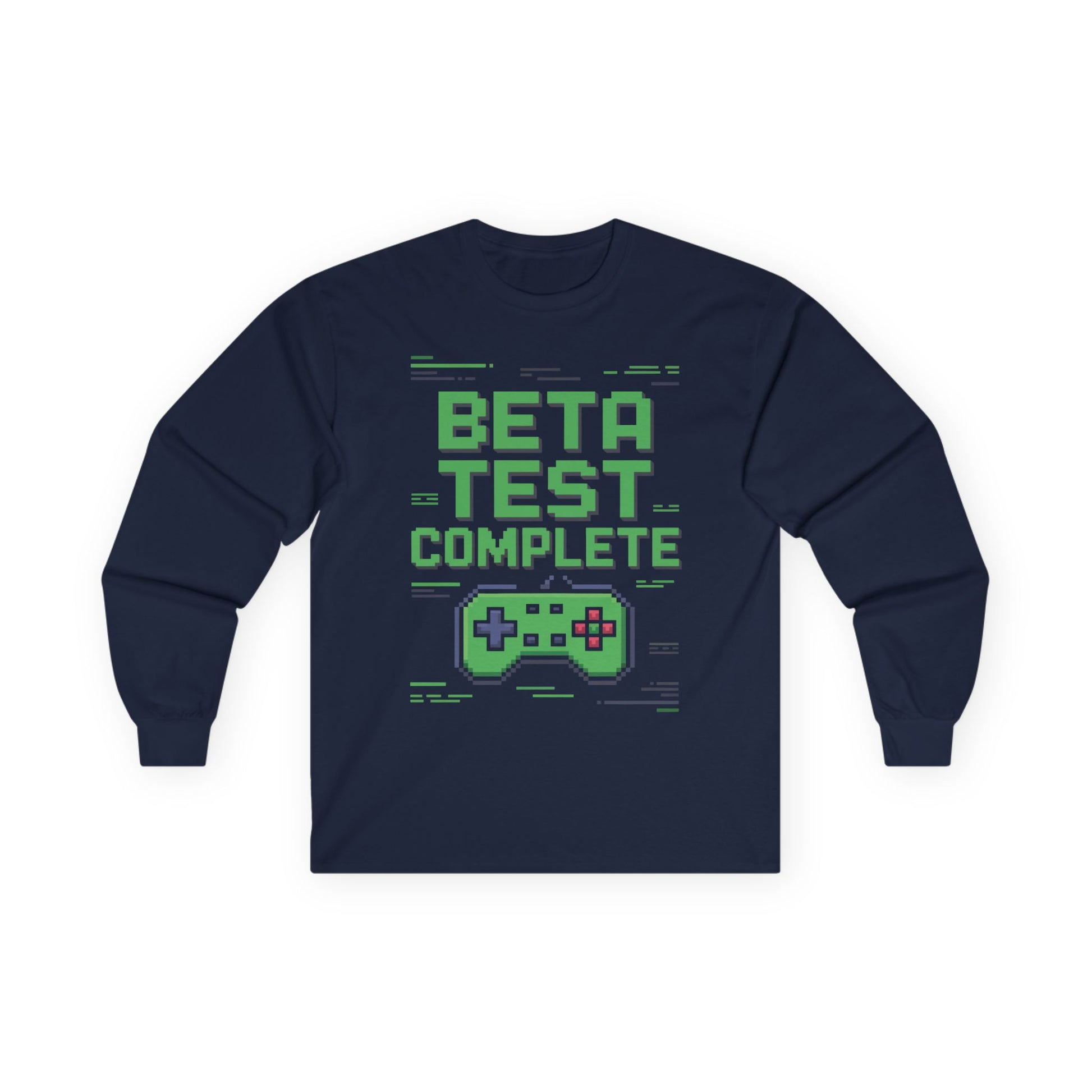 TEEZOCA gaming culture pixel design unisex long-sleeve shirt Navy blue long-sleeve shirt with 'Beta Test Complete' text and game controller graphic on a white background