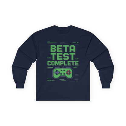TEEZOCA gaming culture pixel design unisex long-sleeve shirt Navy blue long-sleeve shirt with 'Beta Test Complete' text and game controller graphic on a white background