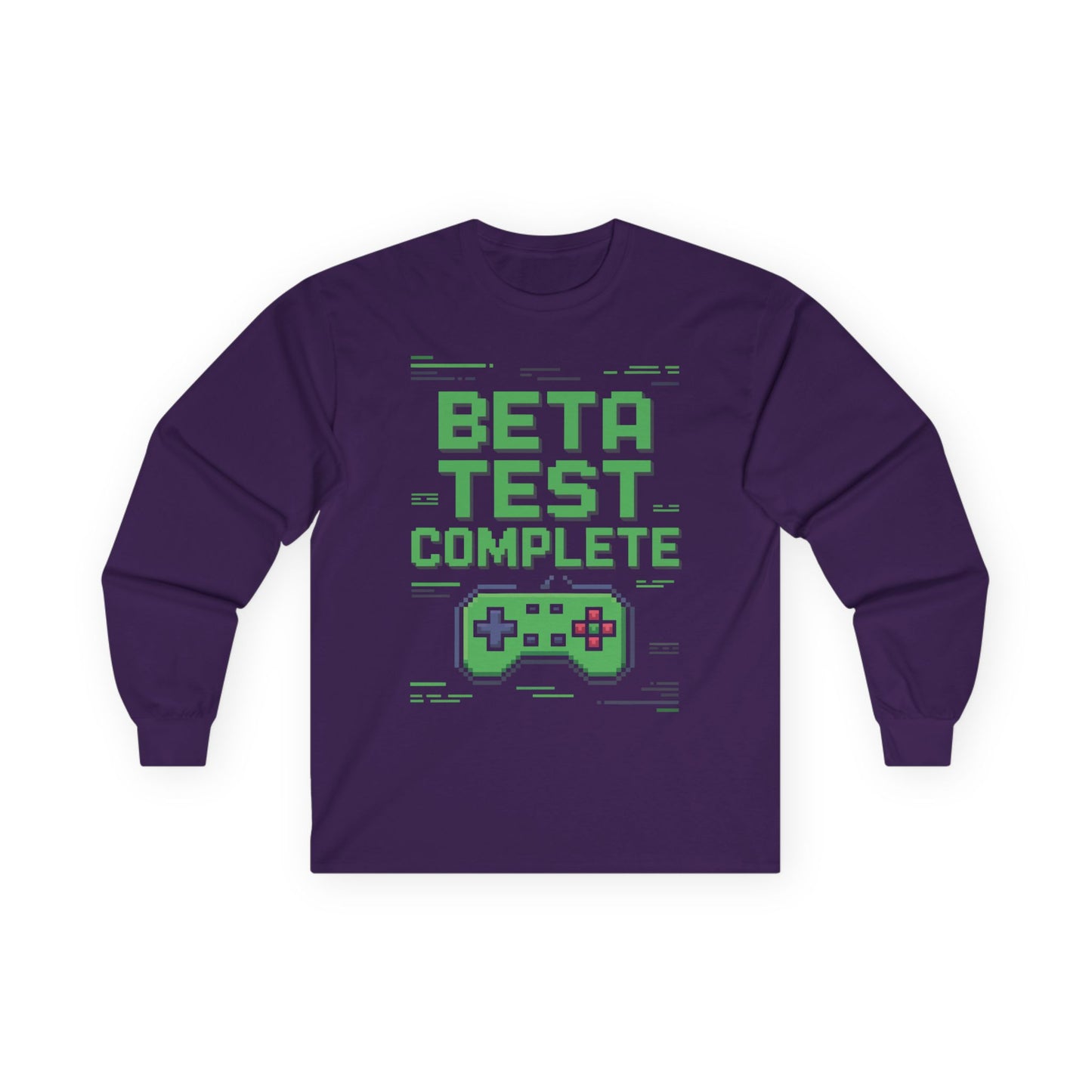 TEEZOCA gaming culture pixel design unisex long-sleeve shirt Purple long-sleeve shirt with 'Beta Test Complete' text and game controller graphic on a white background