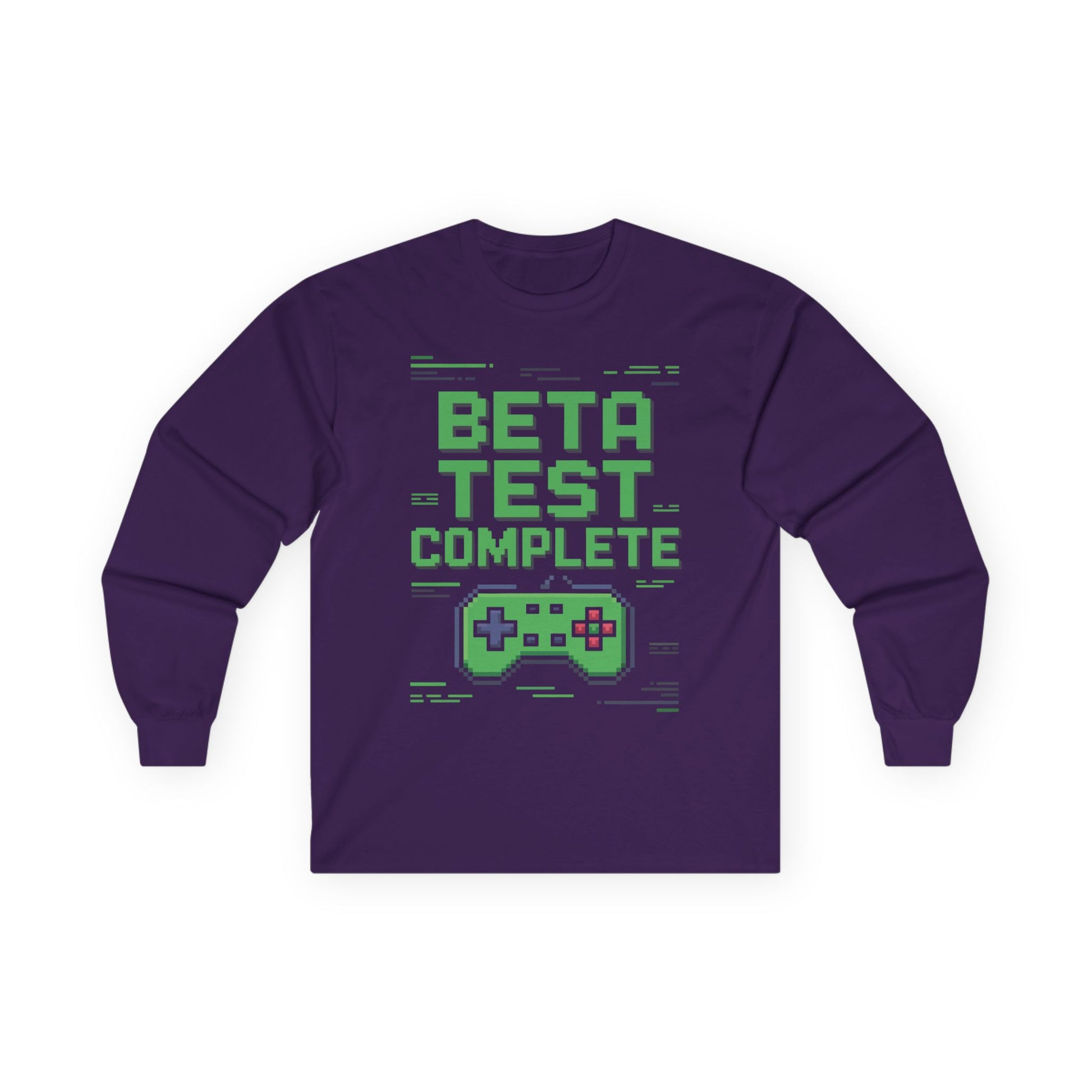 TEEZOCA gaming culture pixel design unisex long-sleeve shirt Purple long-sleeve shirt with 'Beta Test Complete' text and game controller graphic on a white background