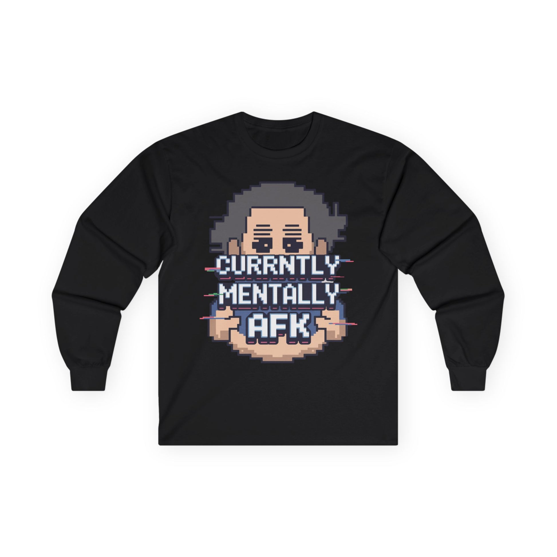 TEEZOCA gaming slang AFK long-sleeve t-shirt Black long-sleeve shirt with pixel art design and text 'Currently Mentally AFK' on a white background