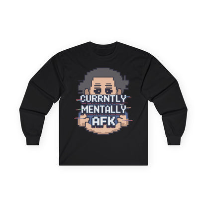 TEEZOCA gaming slang AFK long-sleeve t-shirt Black long-sleeve shirt with pixel art design and text 'Currently Mentally AFK' on a white background