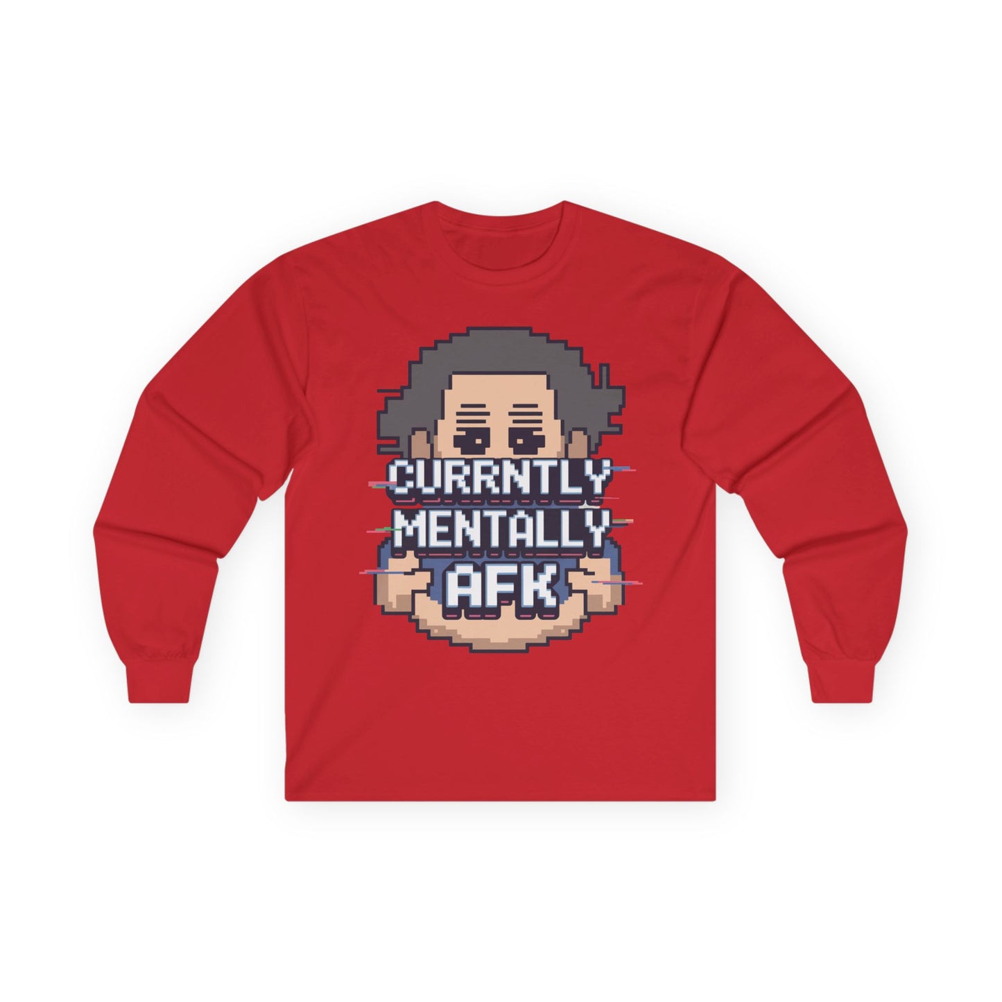 TEEZOCA gaming slang AFK long-sleeve t-shirt Red long-sleeve shirt with pixel art design and text on a white background