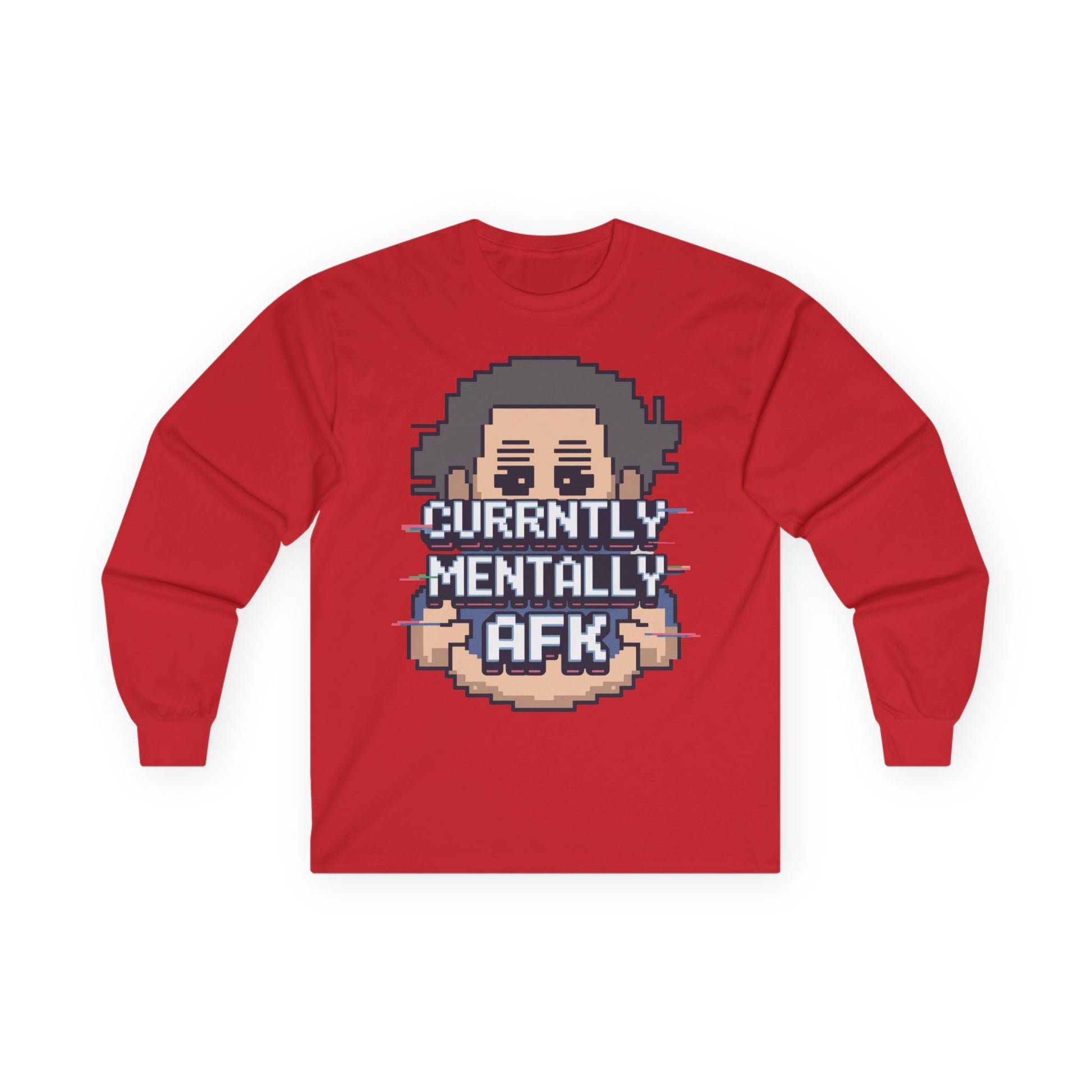 TEEZOCA gaming slang AFK long-sleeve t-shirt Red long-sleeve shirt with pixel art design and text on a white background