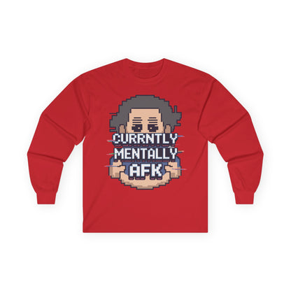 TEEZOCA gaming slang AFK long-sleeve t-shirt Red long-sleeve shirt with pixel art design and text on a white background