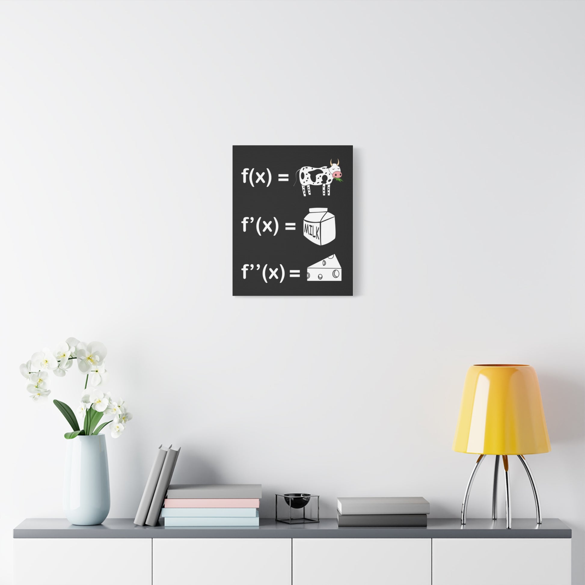 TEEZOCA geeky math classroom canvas displayed over a low console with decor.
