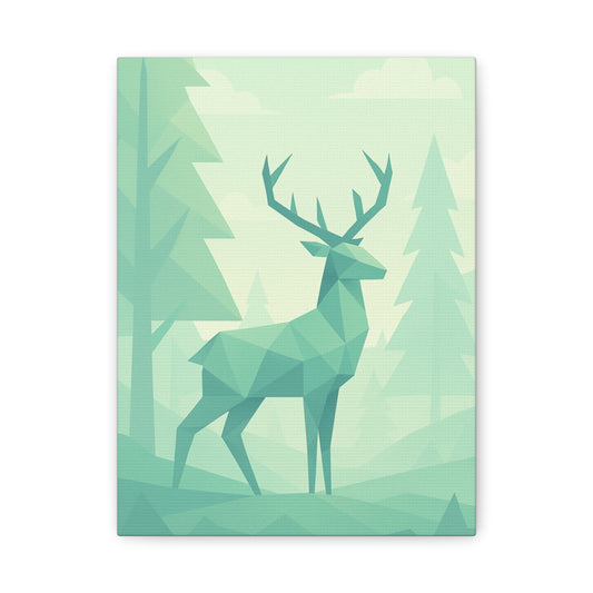 TEEZOCA geometric green deer forest canvas print shown flat with pine trees.