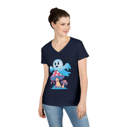 Cute Ghost Mushroom Art Ladies’ V-Neck T-Shirt Whimsical Fantasy Style | TEEZOCA 