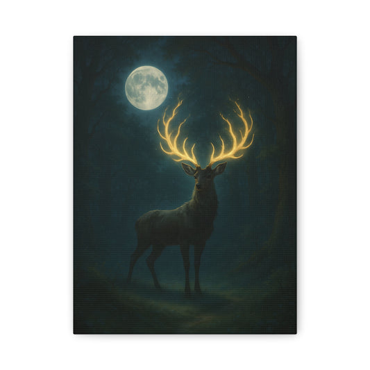 TEEZOCA glowing antler deer moon canvas print shown flat in dark forest.