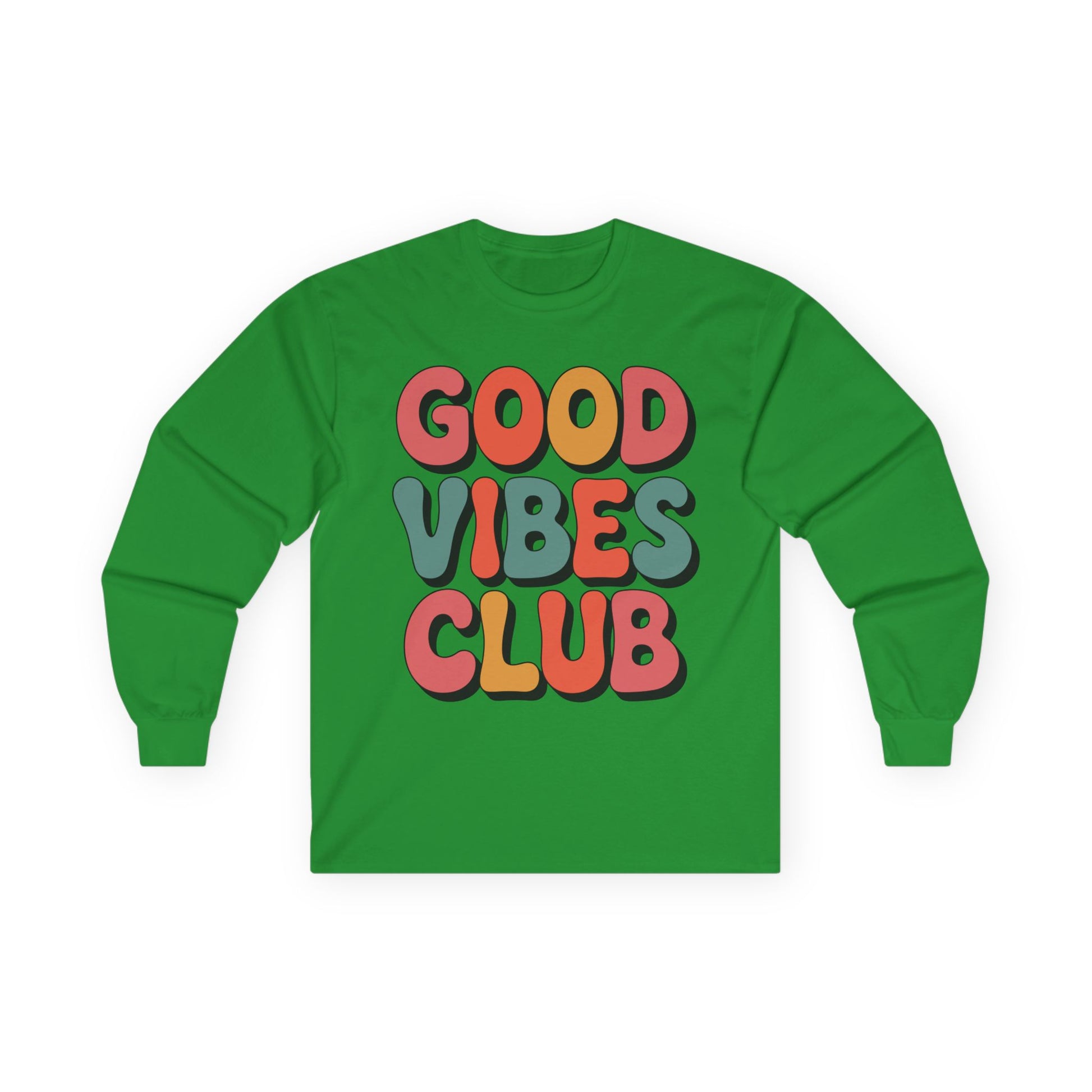 TEEZOCA good vibes club typography design on unisex long-sleeve t-shirt Green long-sleeve shirt with 'Good Vibes Club' text on a white background