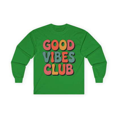 TEEZOCA good vibes club typography design on unisex long-sleeve t-shirt Green long-sleeve shirt with 'Good Vibes Club' text on a white background