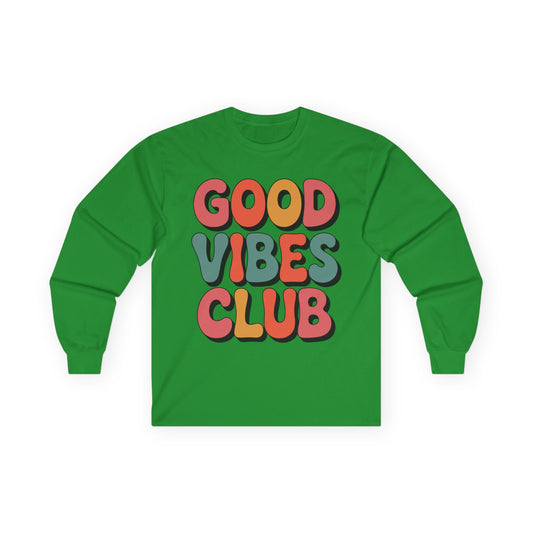 TEEZOCA good vibes club typography design on unisex long-sleeve t-shirt Green long-sleeve shirt with 'Good Vibes Club' text on a white background