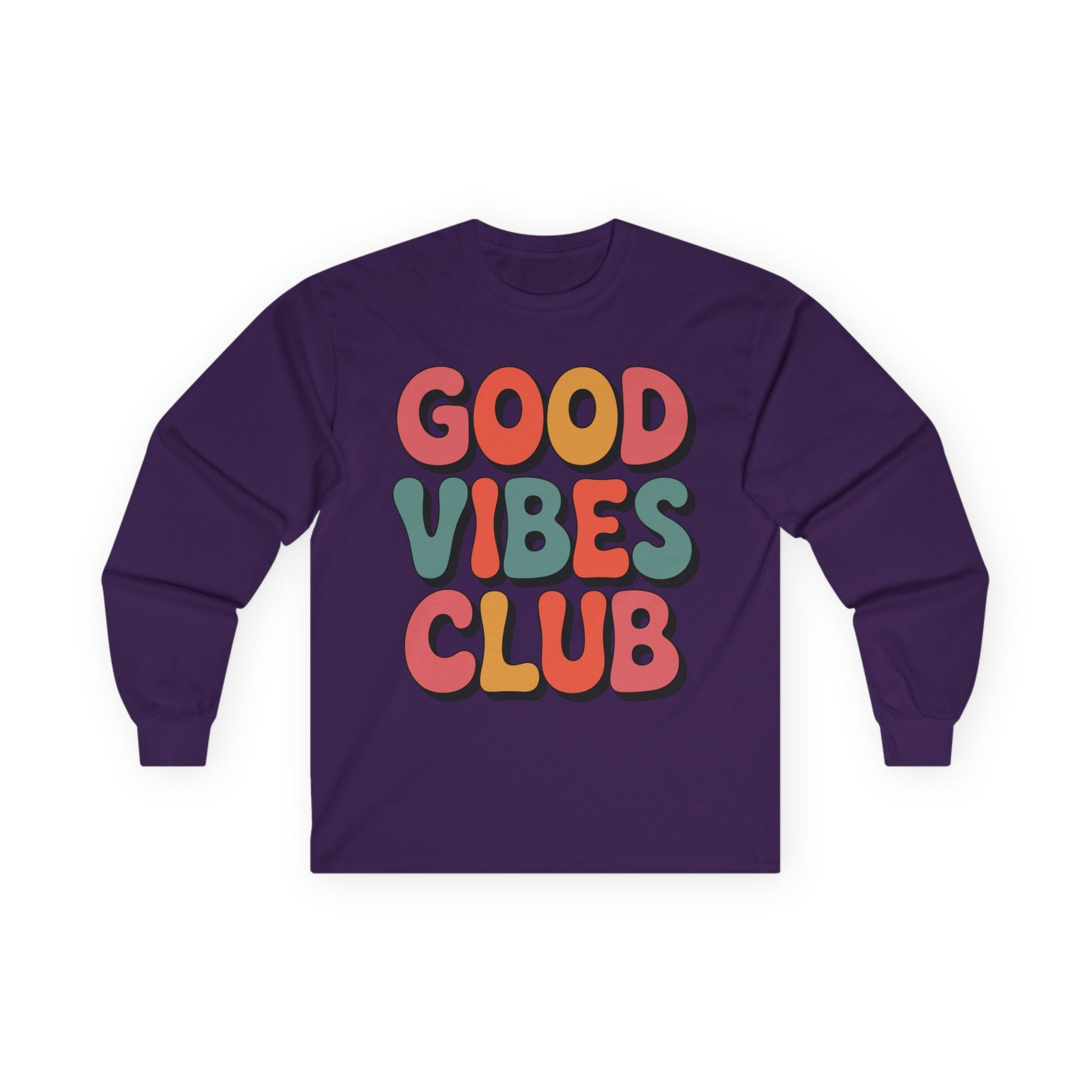 TEEZOCA good vibes club typography design on unisex long-sleeve t-shirt Purple long-sleeve shirt with 'Good Vibes Club' text in colorful letters on a white background