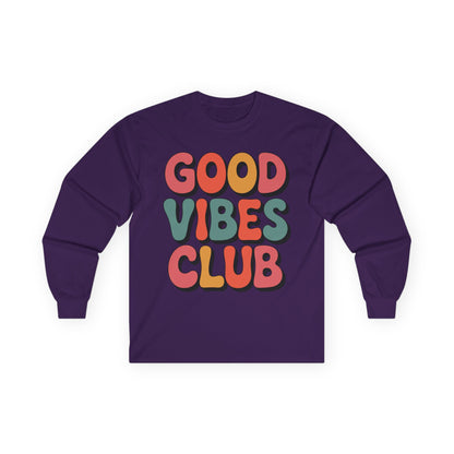 TEEZOCA good vibes club typography design on unisex long-sleeve t-shirt Purple long-sleeve shirt with 'Good Vibes Club' text in colorful letters on a white background