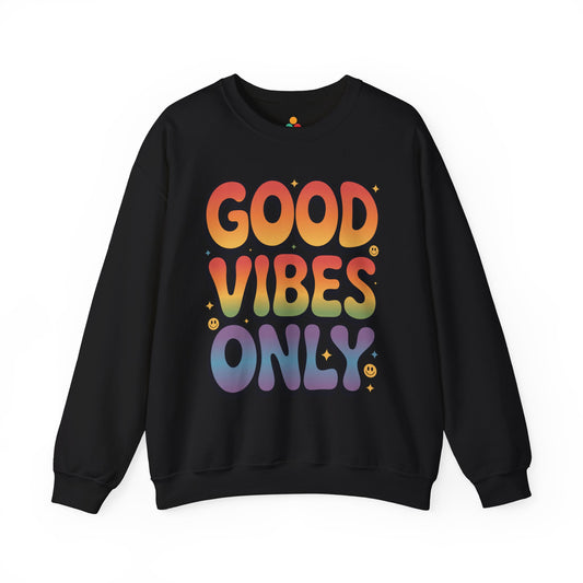 TEEZOCA good vibes only sweatshirt with retro gradient typography design Black sweatshirt with 'Good Vibes Only' text in rainbow colors on a white background