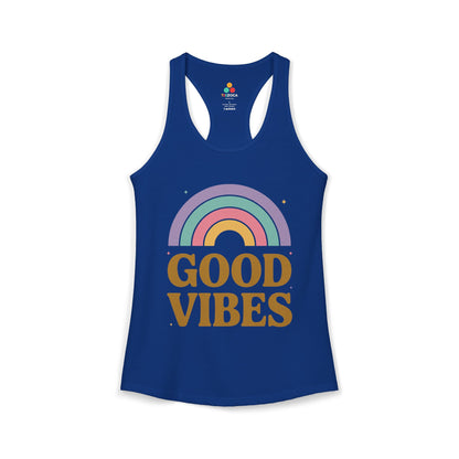 TEEZOCA good vibes rainbow women’s tank top positive retro design Blue tank top with rainbow and 'Good Vibes' text on a white background