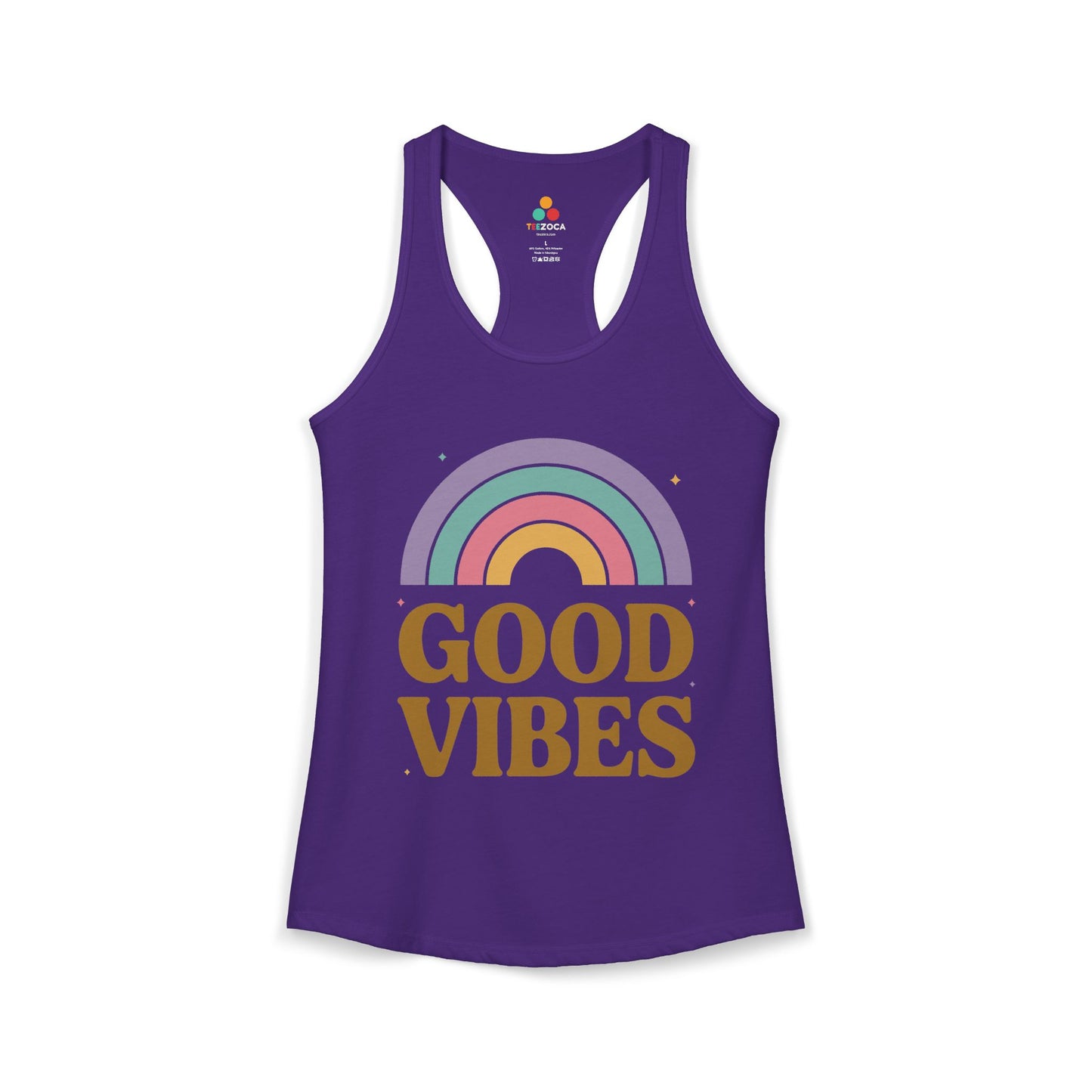 TEEZOCA good vibes rainbow women’s tank top positive retro design Purple tank top with rainbow and 'Good Vibes' text on a white background