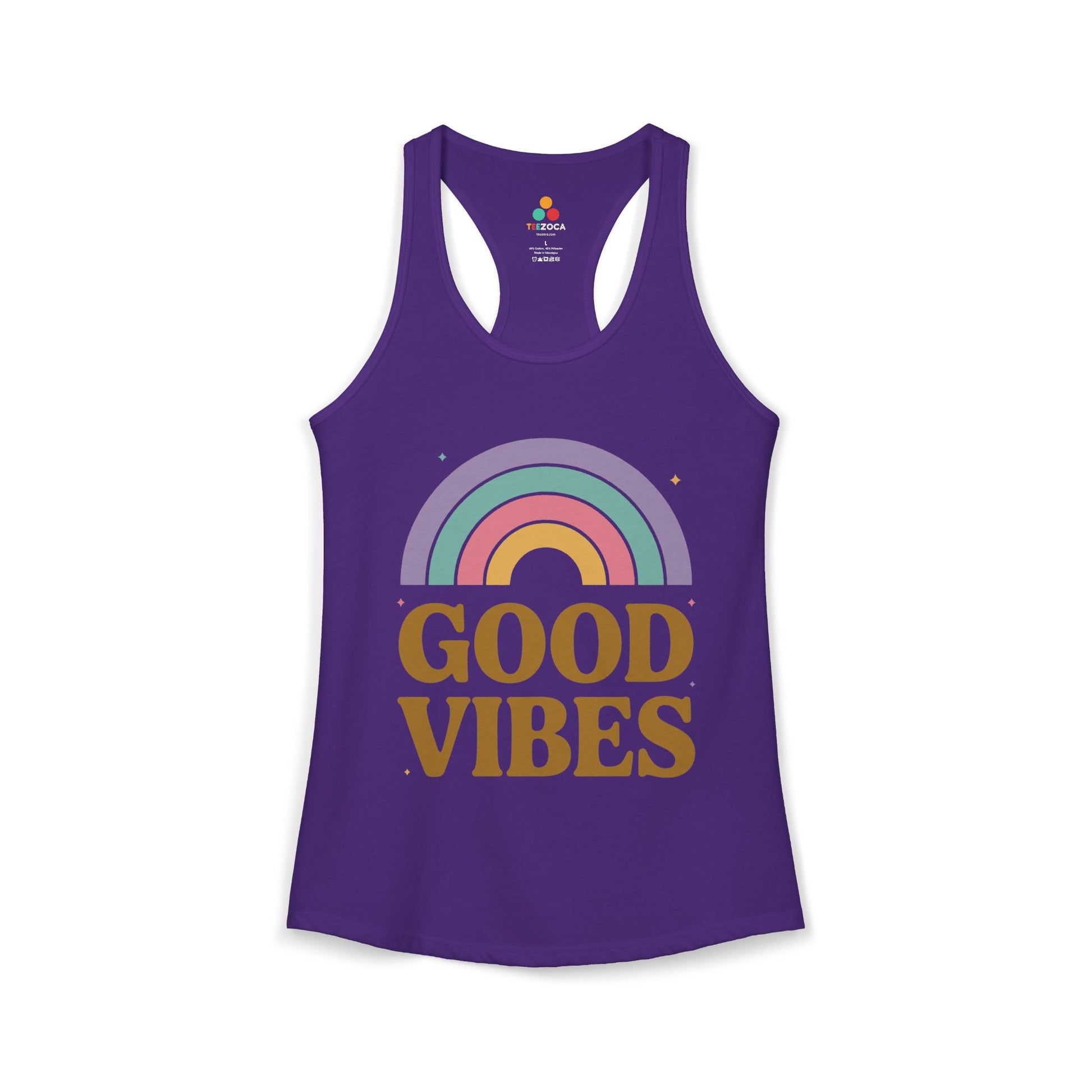 TEEZOCA good vibes rainbow women’s tank top positive retro design Purple tank top with rainbow and 'Good Vibes' text on a white background