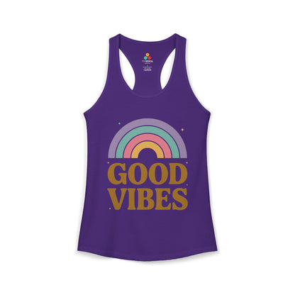 TEEZOCA good vibes rainbow women’s tank top positive retro design Purple tank top with rainbow and 'Good Vibes' text on a white background
