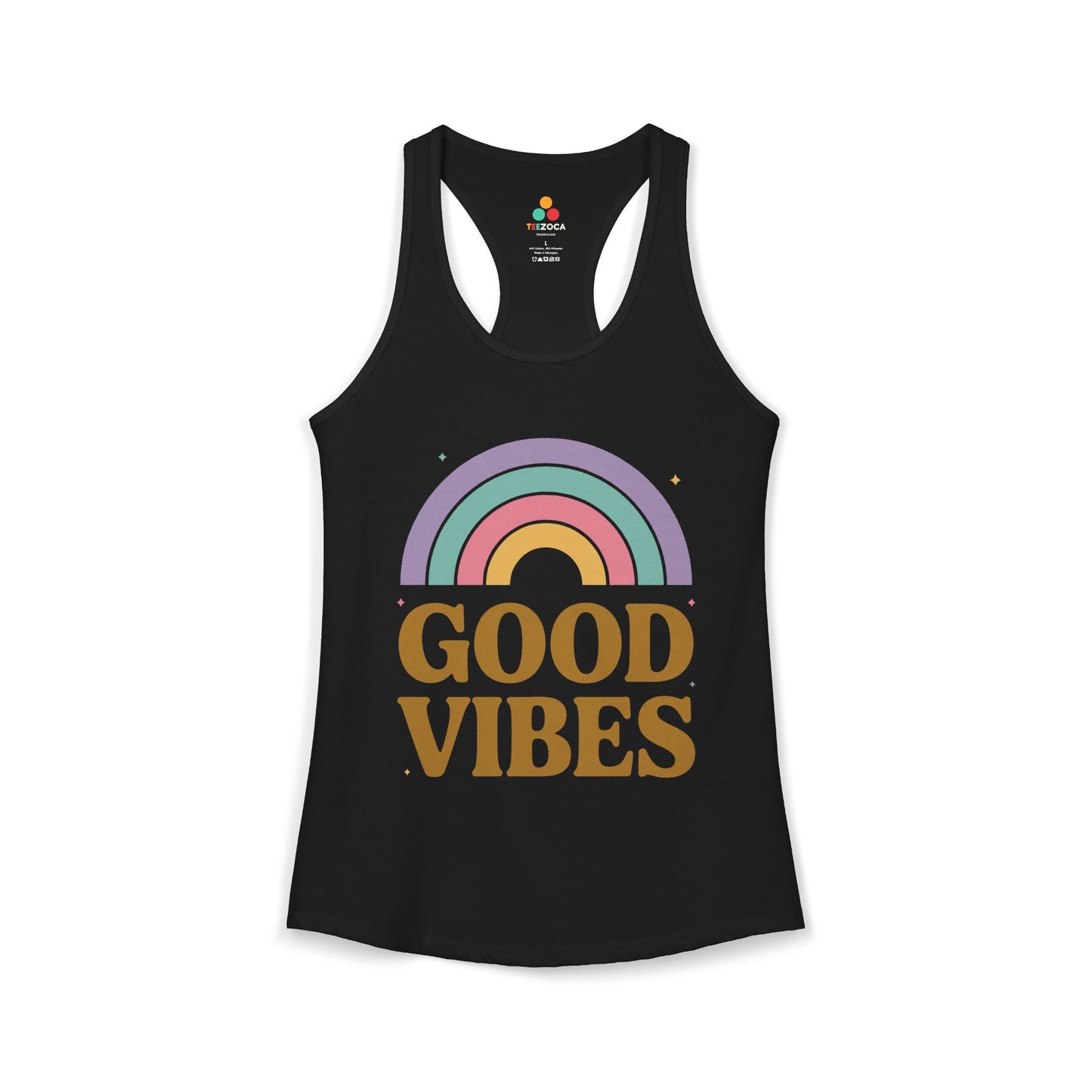 TEEZOCA good vibes women’s tank top inspirational rainbow graphic Black tank top with a rainbow and 'Good Vibes' text on a white background