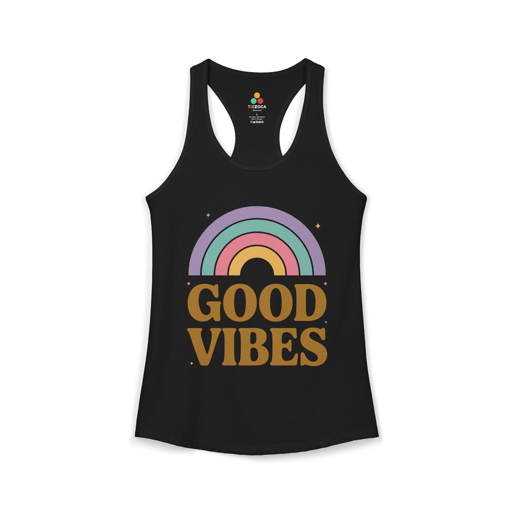 TEEZOCA good vibes women’s tank top inspirational rainbow graphic Black tank top with a rainbow and 'Good Vibes' text on a white background