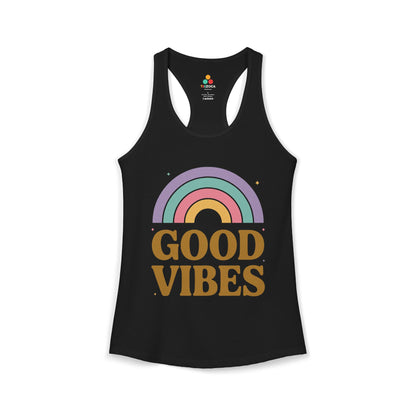 TEEZOCA good vibes women’s tank top inspirational rainbow graphic Black tank top with a rainbow and 'Good Vibes' text on a white background