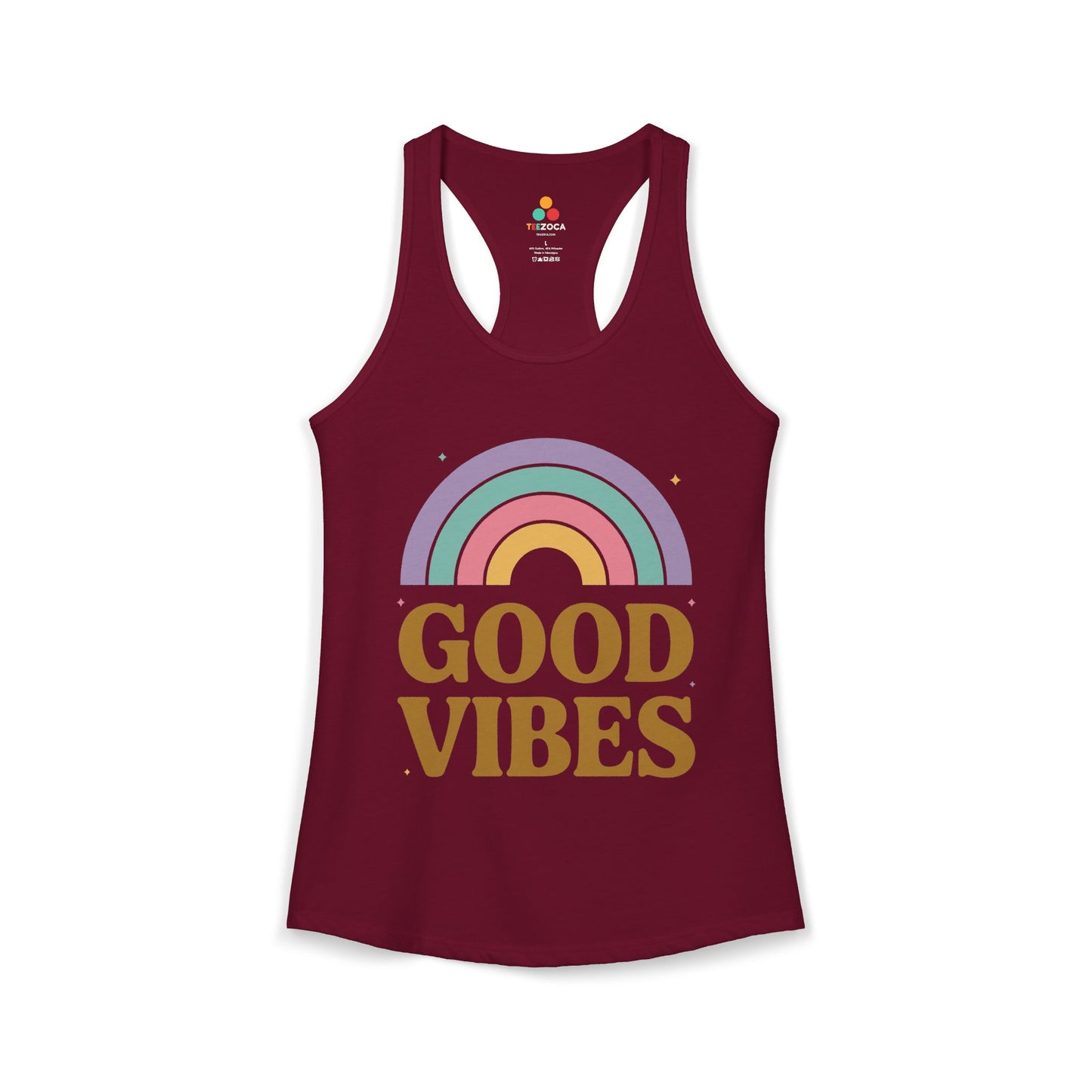 TEEZOCA good vibes women’s tank top inspirational rainbow graphic Maroon tank top with rainbow and 'Good Vibes' text on a white background