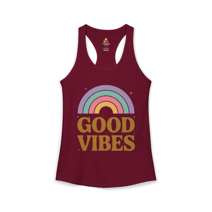 TEEZOCA good vibes women’s tank top inspirational rainbow graphic Maroon tank top with rainbow and 'Good Vibes' text on a white background