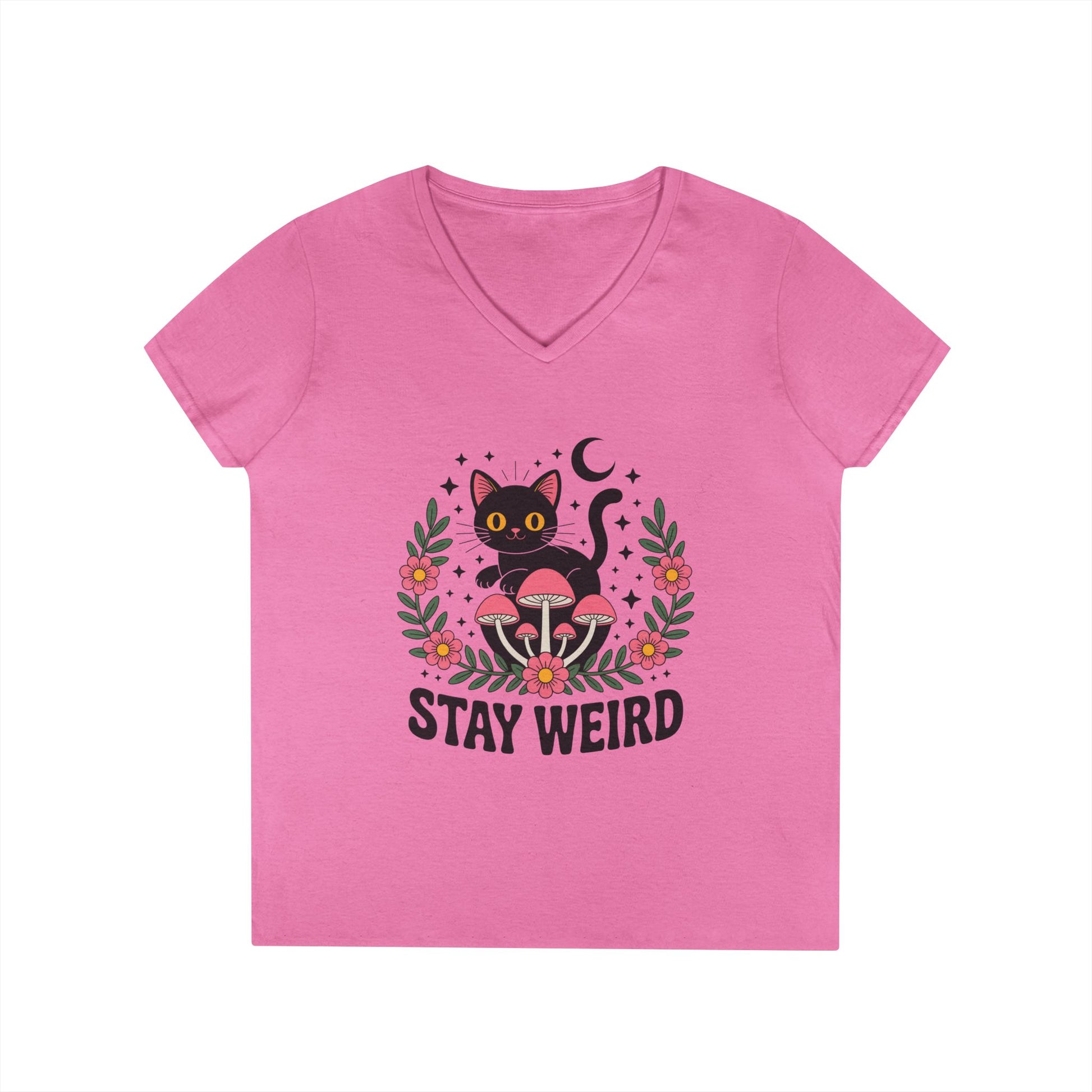 Stay Weird Black Cat V-Neck T-Shirt for Women | Playful Gothic Style | TEEZOCA 