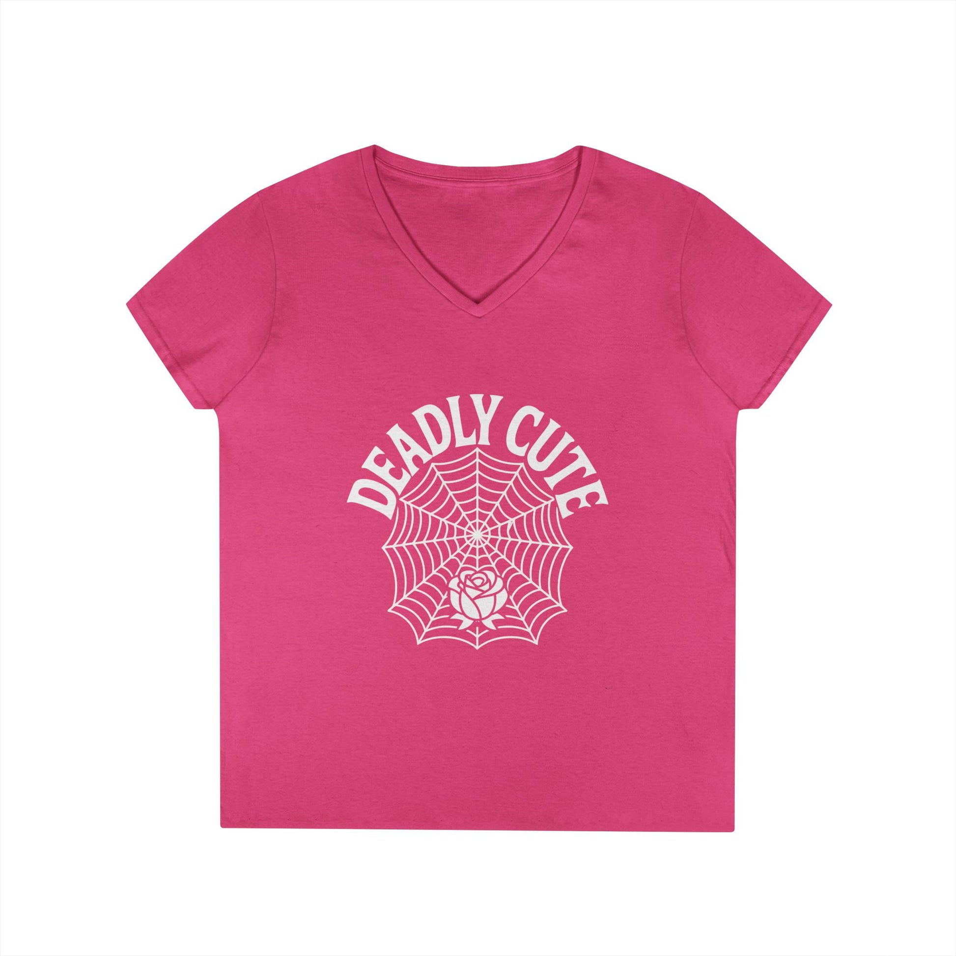 Deadly Cute Spiderweb Rose Ladies’ V-Neck T-Shirt Gothic Design | TEEZOCA 
