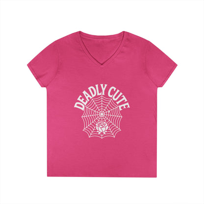 Deadly Cute Spiderweb Rose Ladies’ V-Neck T-Shirt Gothic Design | TEEZOCA 